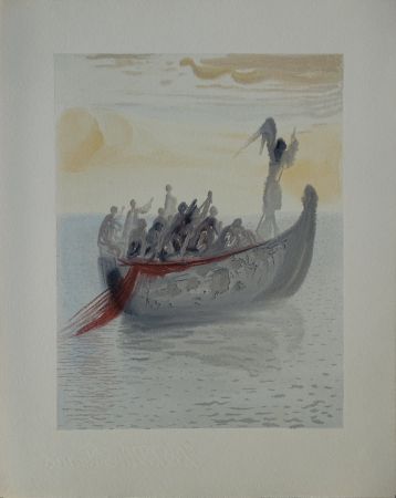 Holzschnitt Dali - Divine Comédie, Purgatoire 2, La barque du nocher