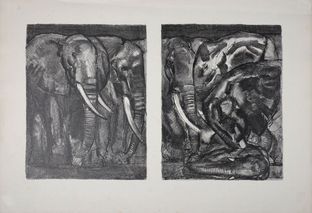 Lithographie Jouve - Elephants