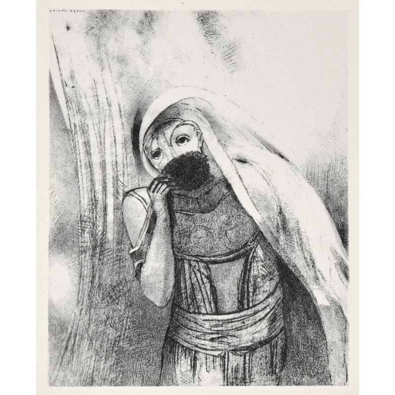 Lithographie Redon - Elle tire de sa poitrine une éponge toute noire, la couvre de baisers (from la Tentation de Saint Antoine, troisième série)