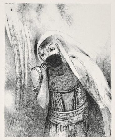 Lithographie Redon - Elle tire de sa poitrine une éponge toute noire, la couvre de baisers (from la Tentation de Saint Antoine, troisième série)