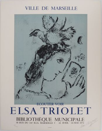 Lithographie Chagall - Elsa Triolet : Femme à l'oiseau