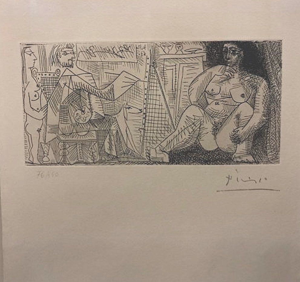 Radierung Picasso - En el atelier, pintor, modelo y espectador