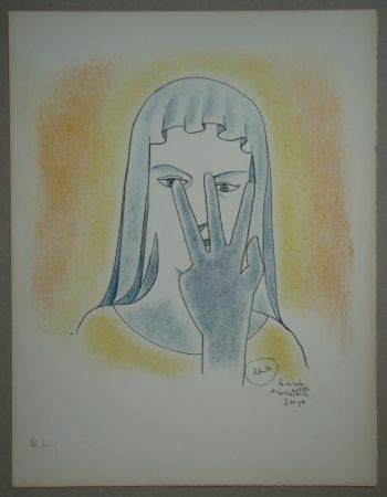 Lithographie Cocteau - Etude - La vierge se cache le visage avec 3 doigts