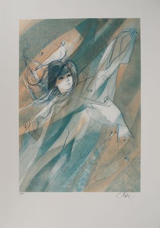 Lithographie Valadie - Femme aux colombes (le vent)