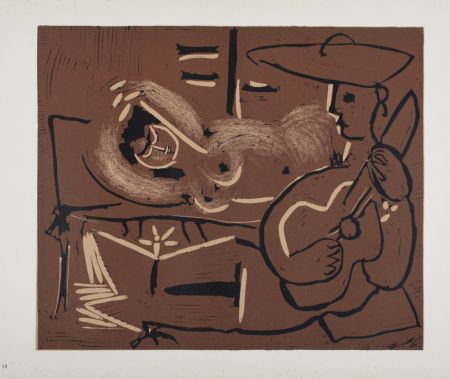 Linolschnitt Picasso (After) - Femme couchée et guitariste, 1962