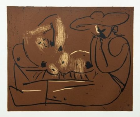 Stich Picasso - Femme couchée et homme au grand chapeau