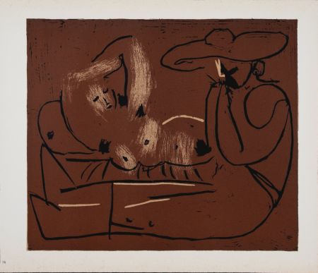 Linolschnitt Picasso - Femme couchée et homme au grand chapeau, 1962