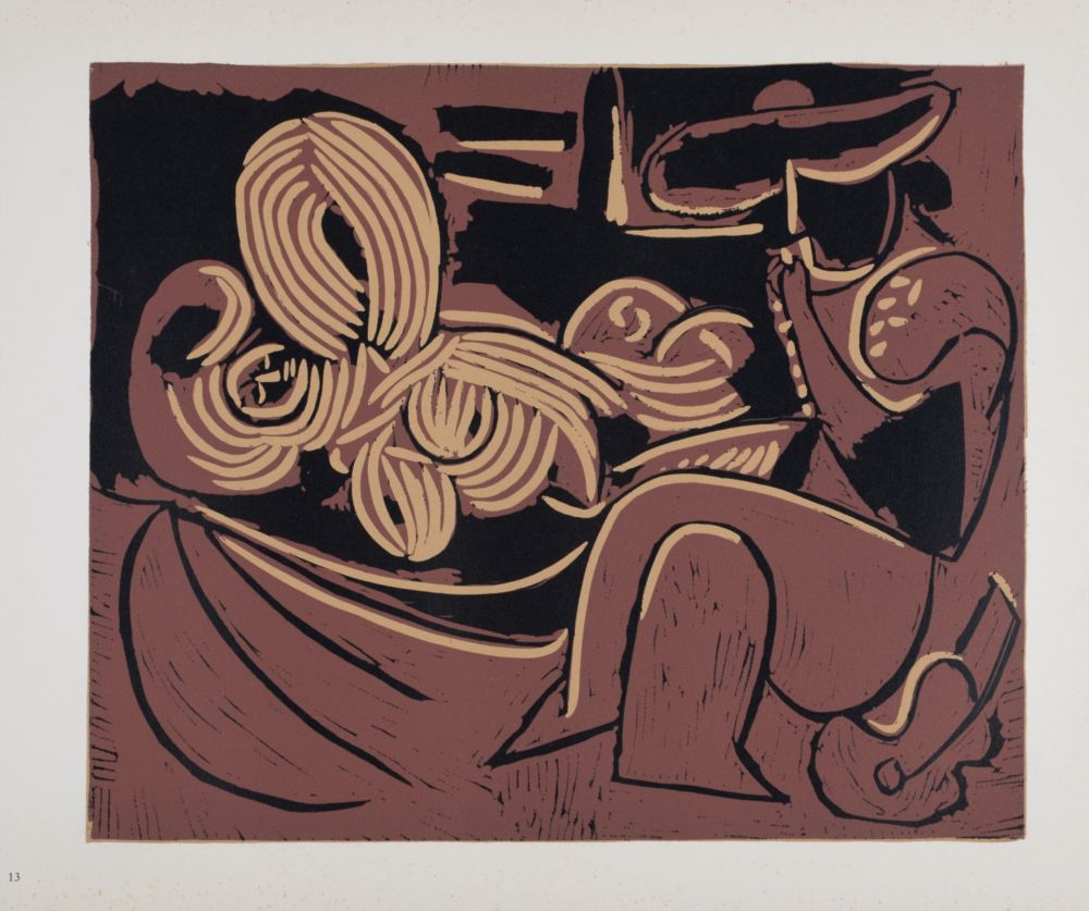 Linolschnitt Picasso (After) - Femme couchée et homme à la guitare, 1962