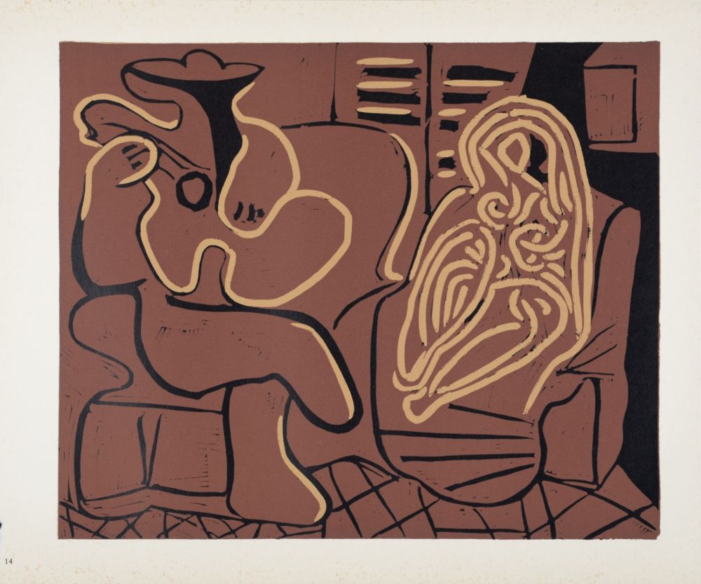 Linolschnitt Picasso (After) - Femme dans un fauteuil et guitariste, 1962