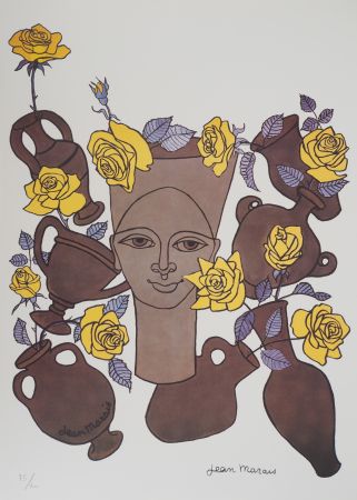 Lithographie Marais  - Femme, fleurs et poteries