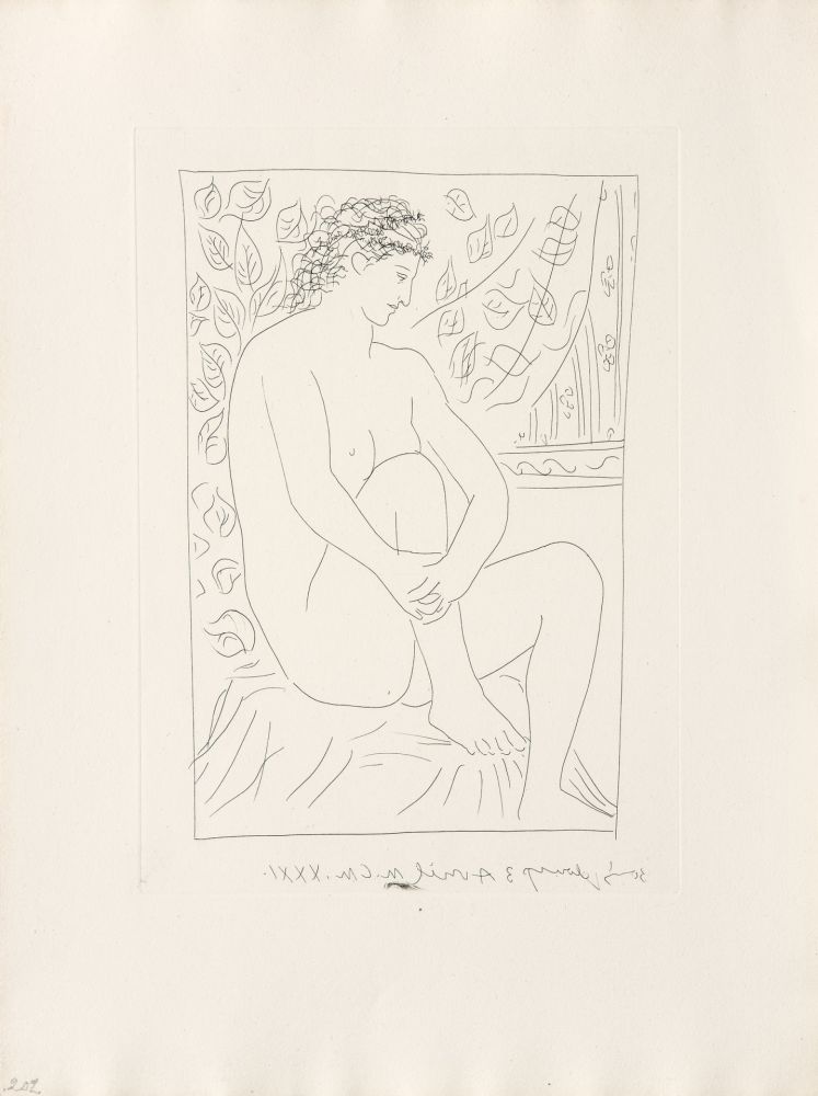 Stich Picasso - Femme nue assise devant un rideau