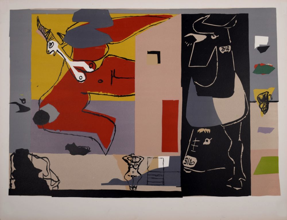 Lithographie Le Corbusier - Femme Unicorn et taureau noir (licorne ailée), 1960