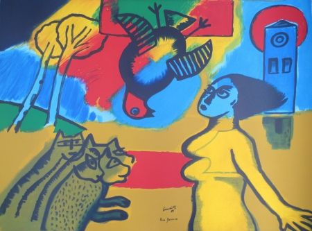 Lithographie Corneille - Femme,oiseau,chats.