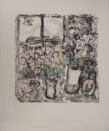 Lithographie Chagall - Fleurs devant la fenêtre