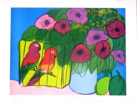Lithographie Ting - Fleurs et perroquets