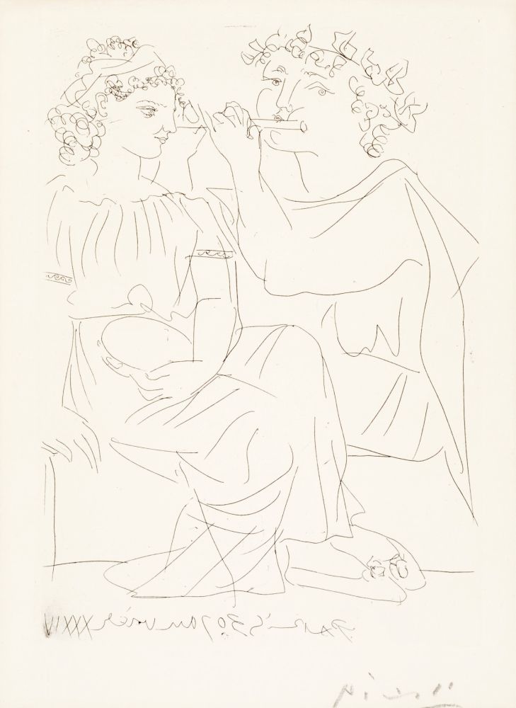 Stich Picasso - Flûtiste et Jeune Fille au Tambourin (Flutist and Tambourine girl) from the Vollard Suite, 1934