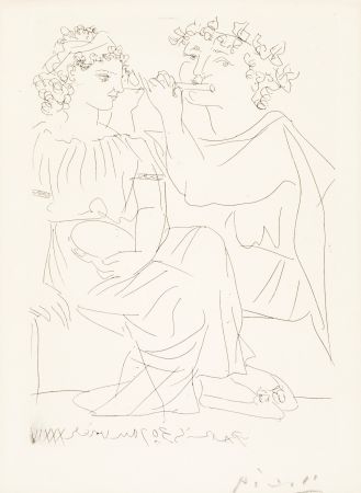 Stich Picasso - Flûtiste et Jeune Fille au Tambourin (Flutist and Tambourine girl) from the Vollard Suite, 1934