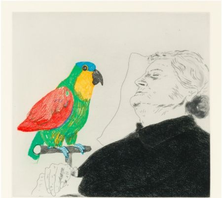 Radierung Hockney -  Félicité sleeping with Parrot. 1974