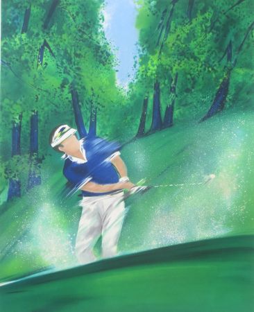 Lithographie Spahn - Golfeur bleu