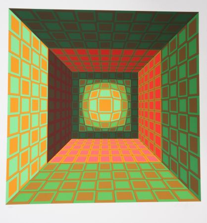 Siebdruck Vasarely - Green and Orange Composition