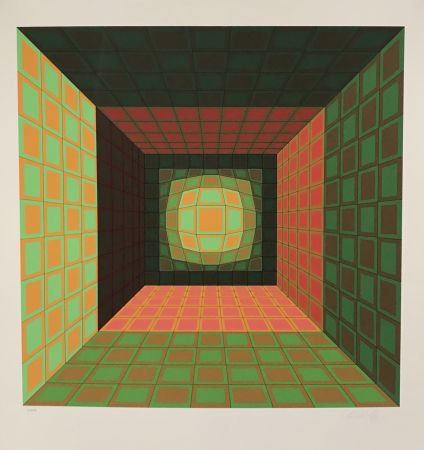 Siebdruck Vasarely - Green and Orange Composition