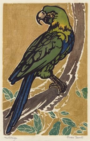 Holzschnitt Rice - Green Parrot