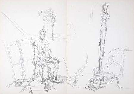 Lithographie Giacometti - Homme assis et sculpture, 1961