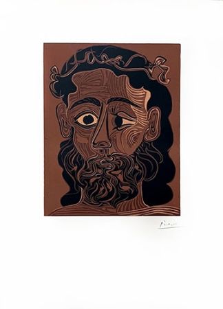 Linolschnitt Picasso - Homme barbu couronné de vignes