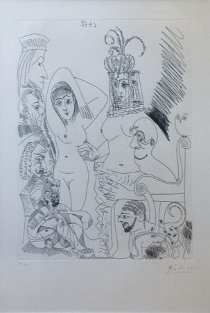 Radierung Picasso - Homme barbu songeant à une scène des Mille et une nuits, avec derrière lui des ancêtres réprobateurs