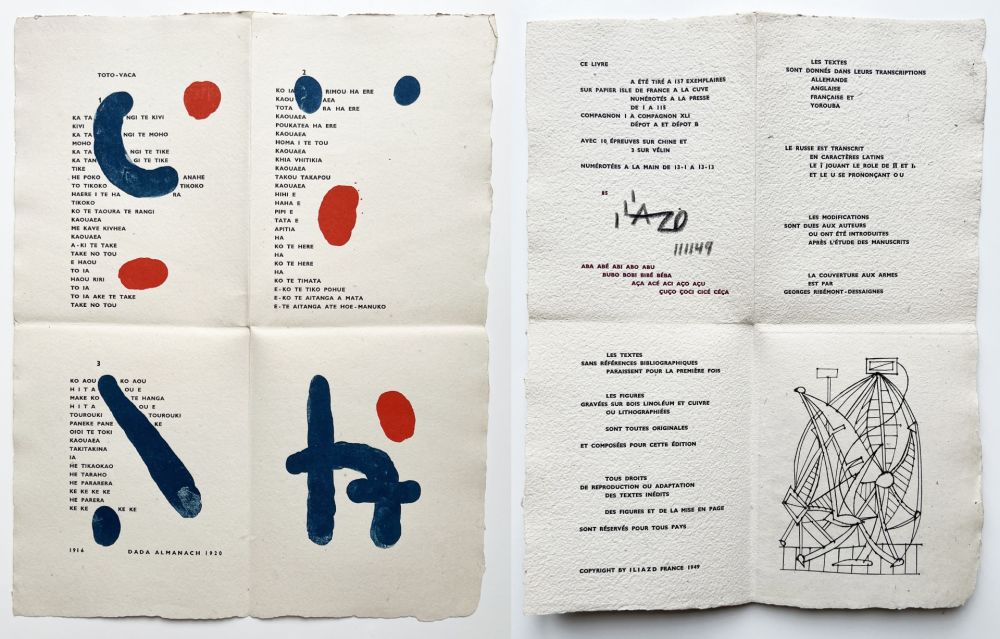 Illustriertes Buch Miró - ILIAZD (Ilia Zdanevitch, dit.)‎ ‎POÉSIE DE MOTS INCONNUS.‎ Gravures de Miro, Picasso, Matisse, Braque, Léger, Chagall, Giacometti, etc. 1949.
