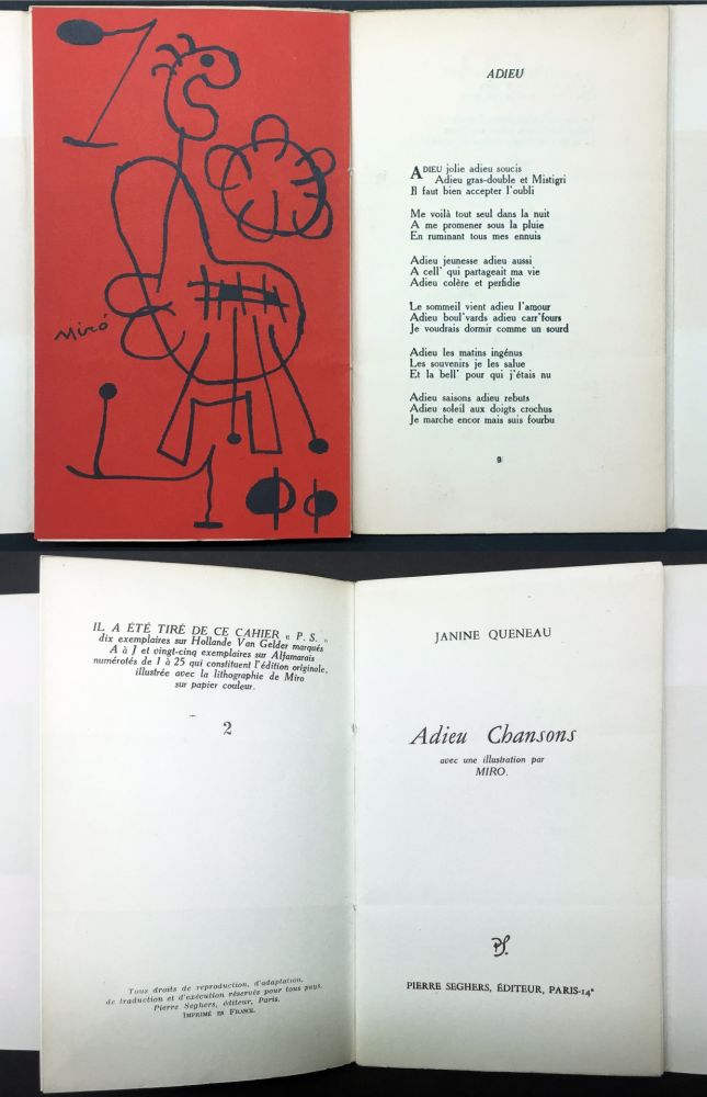 Illustriertes Buch Miró - Janine Queneau : ADIEU CHANSONS. Avec une illustration par Miro (1951).