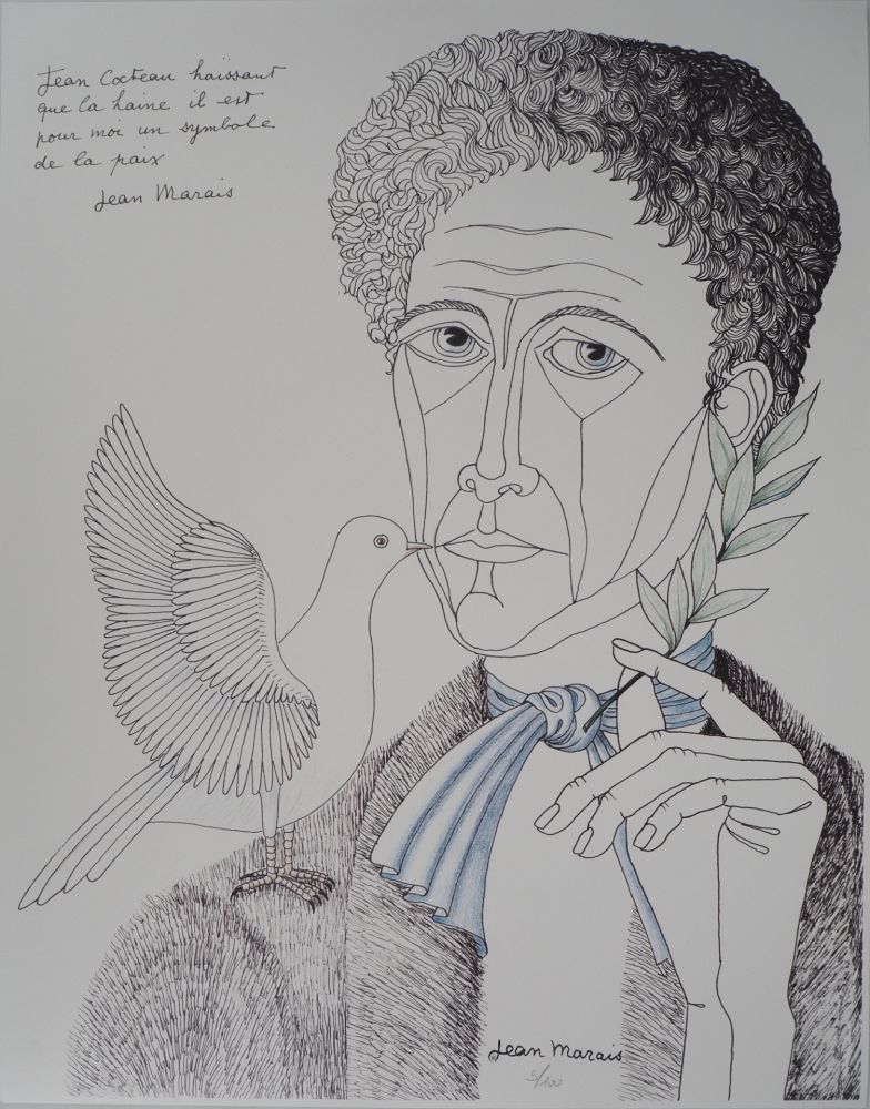 Lithographie Marais  - Jean Cocteau à la colombe et au rameau, Homme de Paix