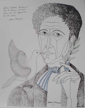 Lithographie Marais  - Jean Cocteau à la colombe et au rameau, Homme de Paix