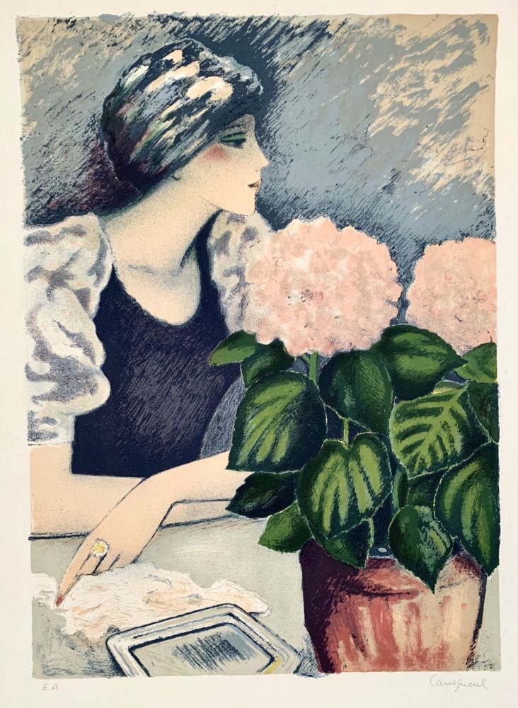 Lithographie Cassigneul  - Jeune Femme au Hortensia