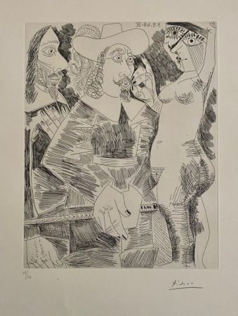 Radierung Picasso - Jeune femme tirant la moustache d'un gentilhomme en train de tortiller son jonc 