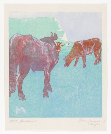 Holzschnitt Neumann - Jungbullen auf der Weide (Young bulls in the pasture)