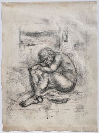 Monotypie Ehrlich - Kauernder Mann - Selbstbildnis (Crouching Man - Self-Portrait)