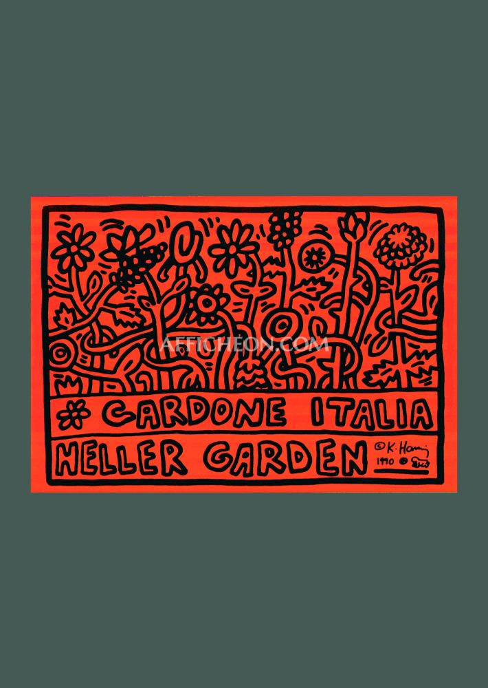 Siebdruck Haring - Keith Haring: 'Heller Gardens' 1990 Offset-serigraph