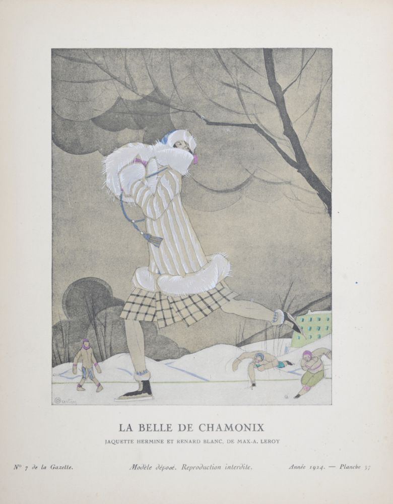 Lithographie Martin - La Belle de Chamonix, Jaquette hermine et renard blanc de Max-A. Leroy, 1924