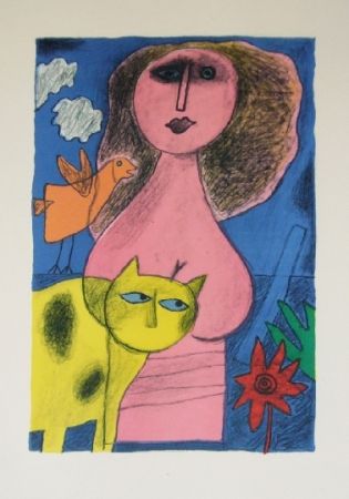 Lithographie Corneille - La femme au chat jaune