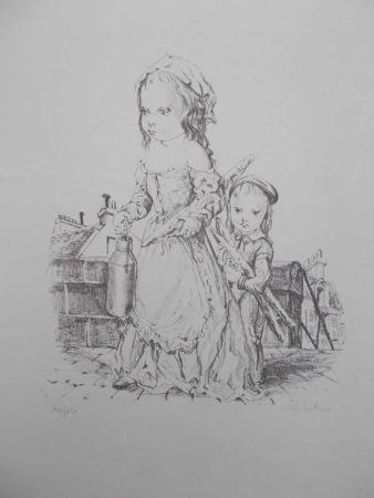 Lithographie Foujita - La fille et l'enfant à la baguette de pain et au pot de lait