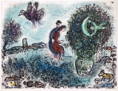 Lithographie Chagall - La lune dans le bouquet