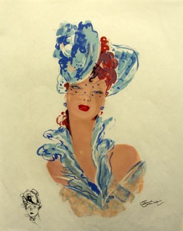 Lithographie Domergue - La  Parisienne Femme au Chapeau Bleu