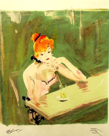 Lithographie Domergue - La  Parisienne  Mauricette Au Cafe Caumartin