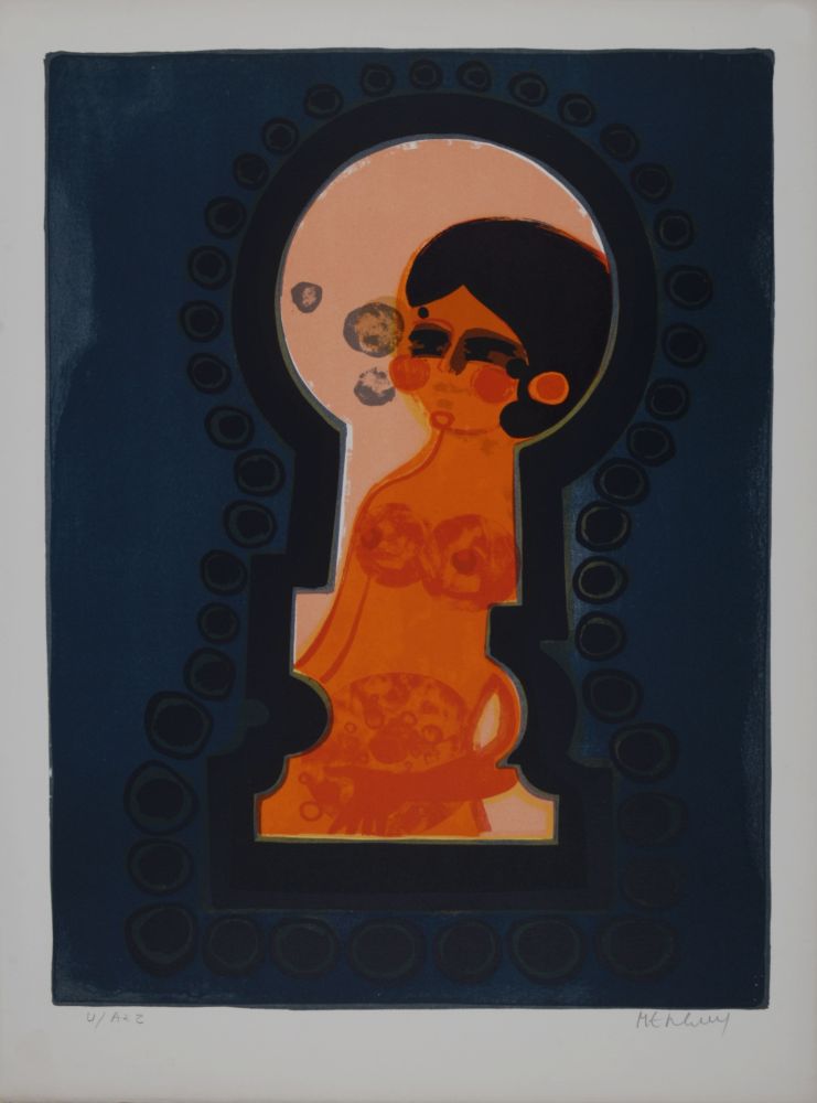Lithographie Menguy - La serrure, Les Angéliques, 1975