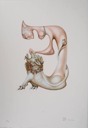 Lithographie Pérahim - L'Alphabet Hébreu : Femme et Lion