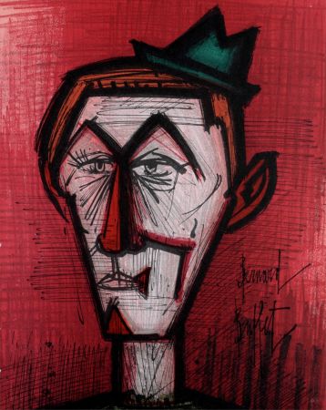 Lithographie Buffet - Le clown au fond rouge, 1967.