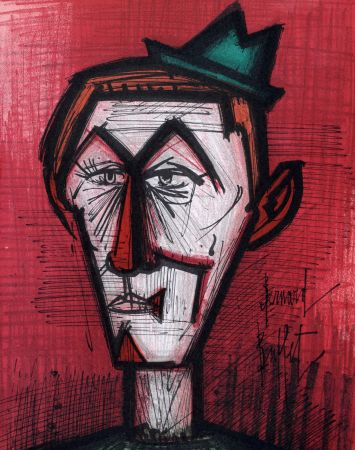Lithographie Buffet - Le Clown sur fond rouge, 1967