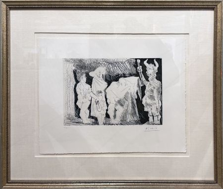 Radierung Und Aquatinta Picasso - Le Cocu Posant pour une photographie devant des spectateurs (The cuckold posing for a photograph in front of spectators)