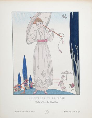 Pochoir Barbier - Le Cyprès et la Rose, Robe d'été de Doeuillet, 1914